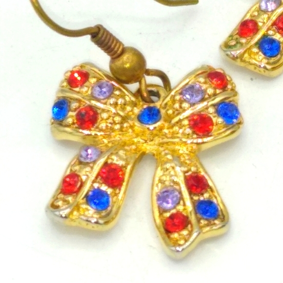 Gold Tone Bow Dangle Earrings with Red, Blue, and Lavender Rhinestones Vintage - Picture 2 of 5